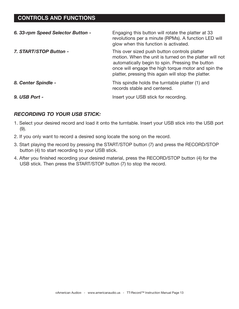 American Audio TT Record User Manual | Page 13 / 18