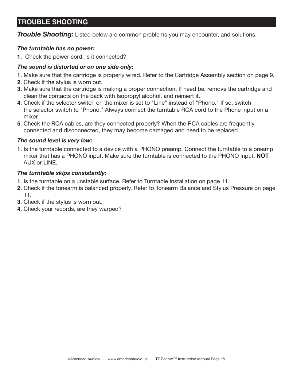Trouble shooting trouble shooting | American Audio TT Record User Manual | Page 15 / 18