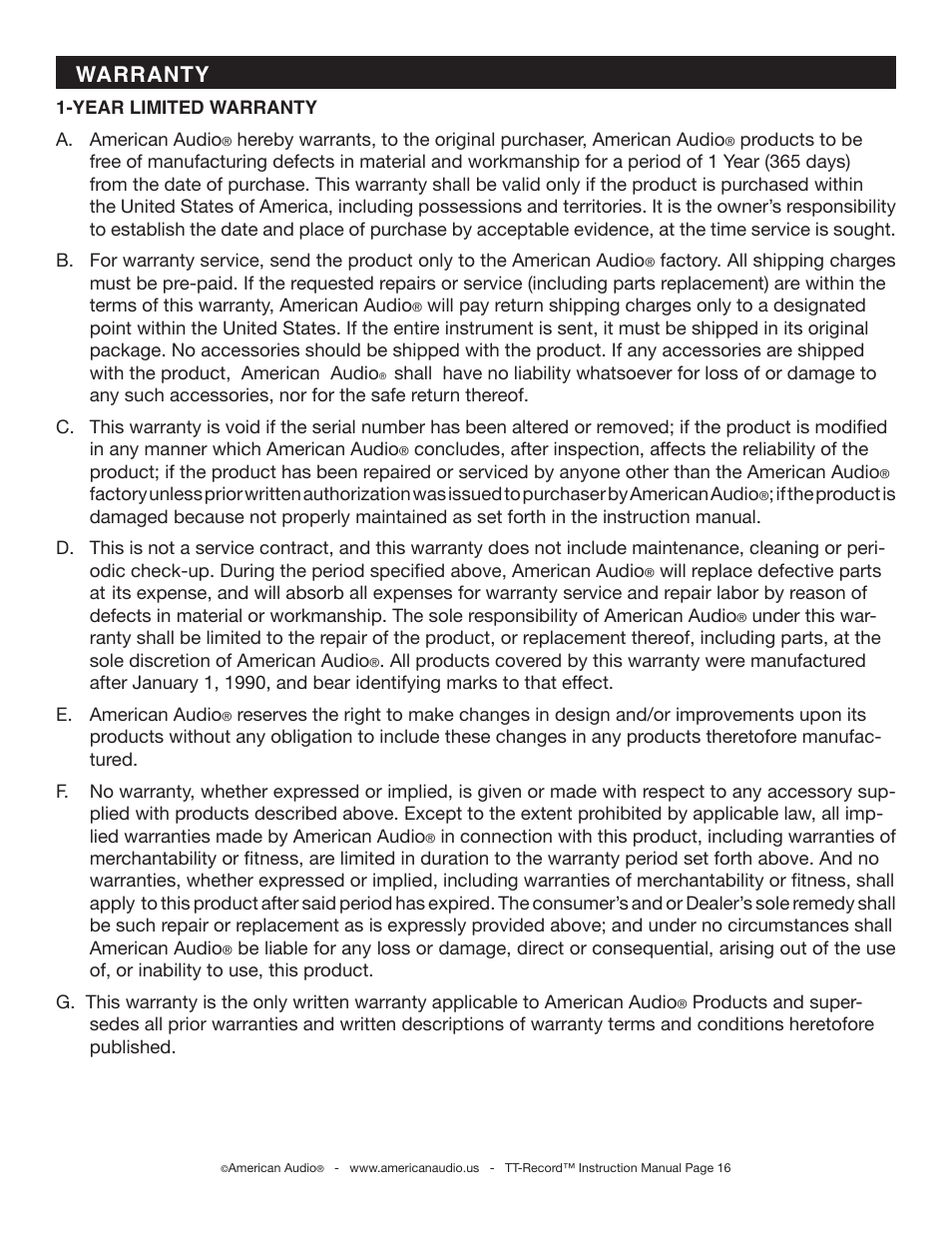 Warranty | American Audio TT Record User Manual | Page 16 / 18