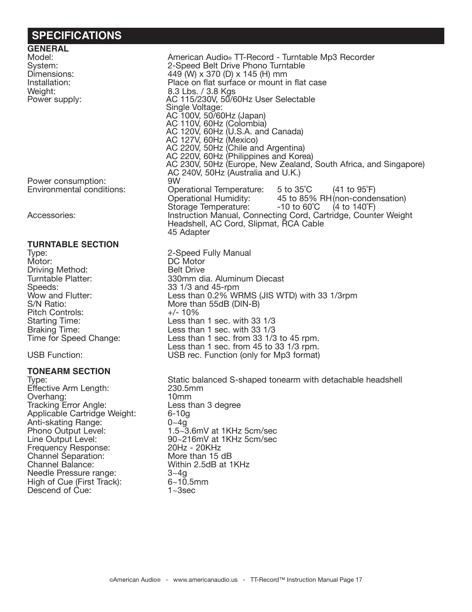 Specifications | American Audio TT Record User Manual | Page 17 / 18