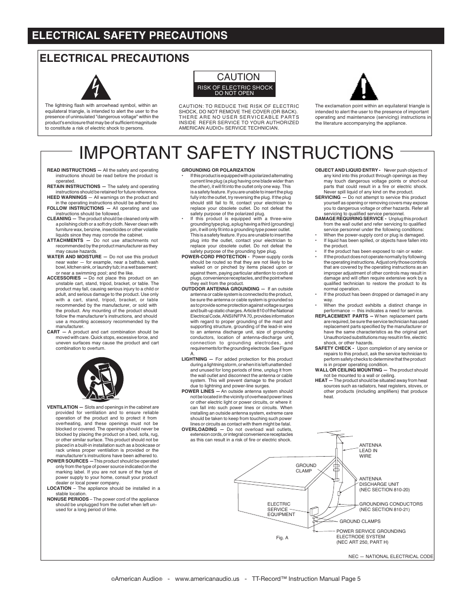 Important safety instructions, Electrical precautions, Electrical safety precautions | Caution | American Audio TT Record User Manual | Page 5 / 18
