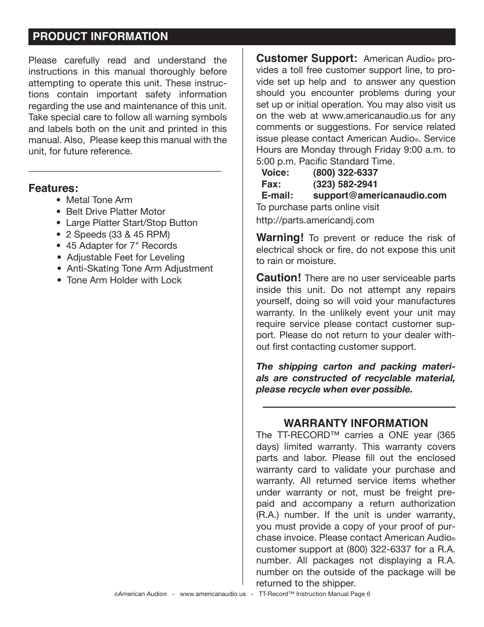 Product information, Warranty information, Customer support | Warning, Caution, Features | American Audio TT Record User Manual | Page 6 / 18