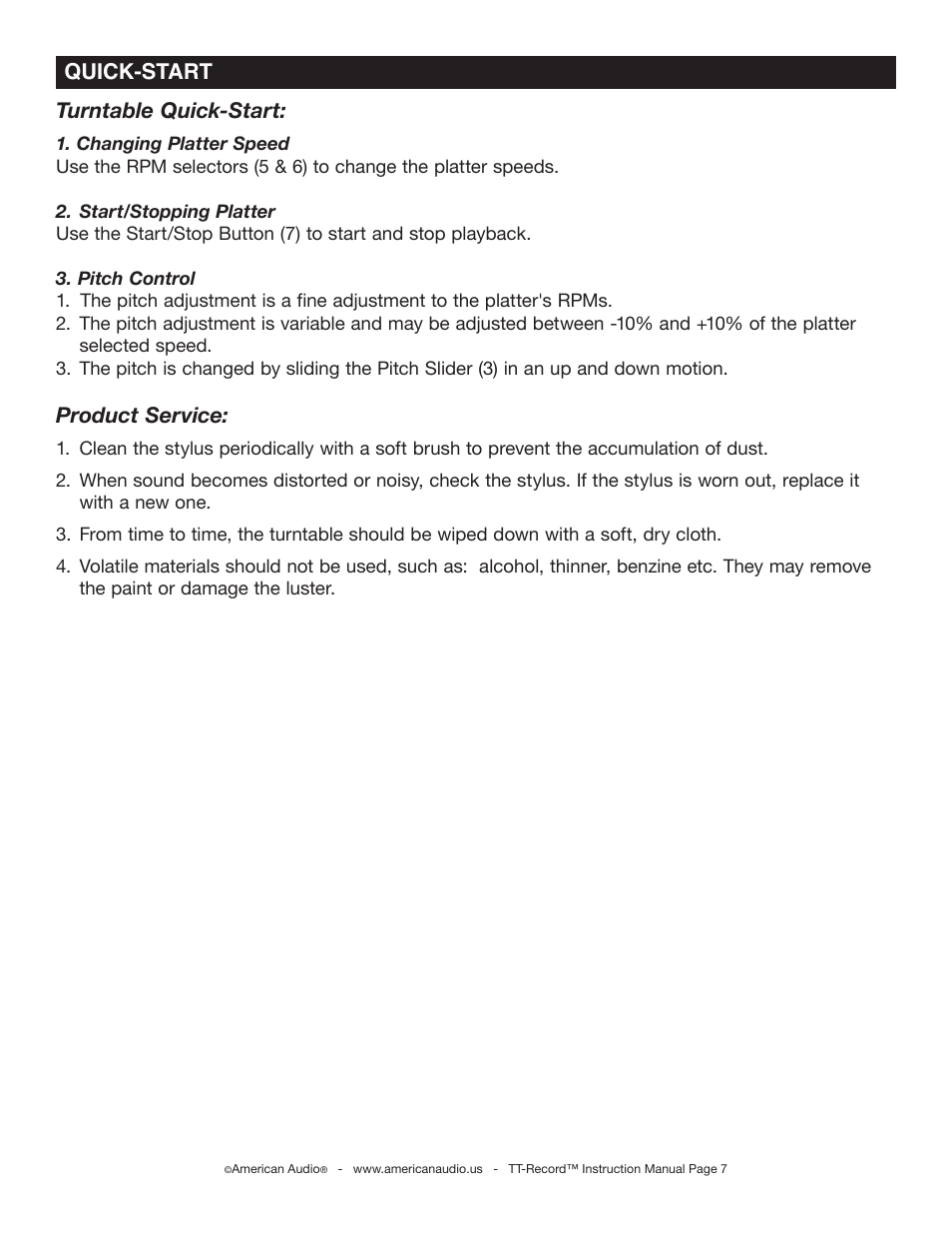 Quick-start turntable quick-start, Product service | American Audio TT Record User Manual | Page 7 / 18
