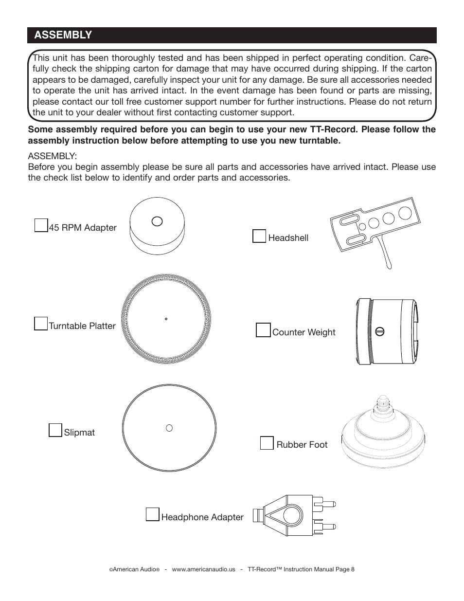 Assembly | American Audio TT Record User Manual | Page 8 / 18