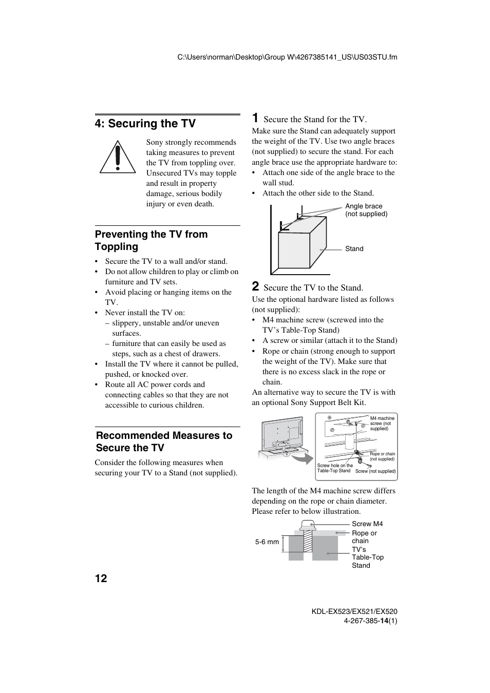 Securing the tv, Preventing the tv from toppling, Recommended measures to secure the tv | Sony KDL-32EX523 User Manual | Page 12 / 32