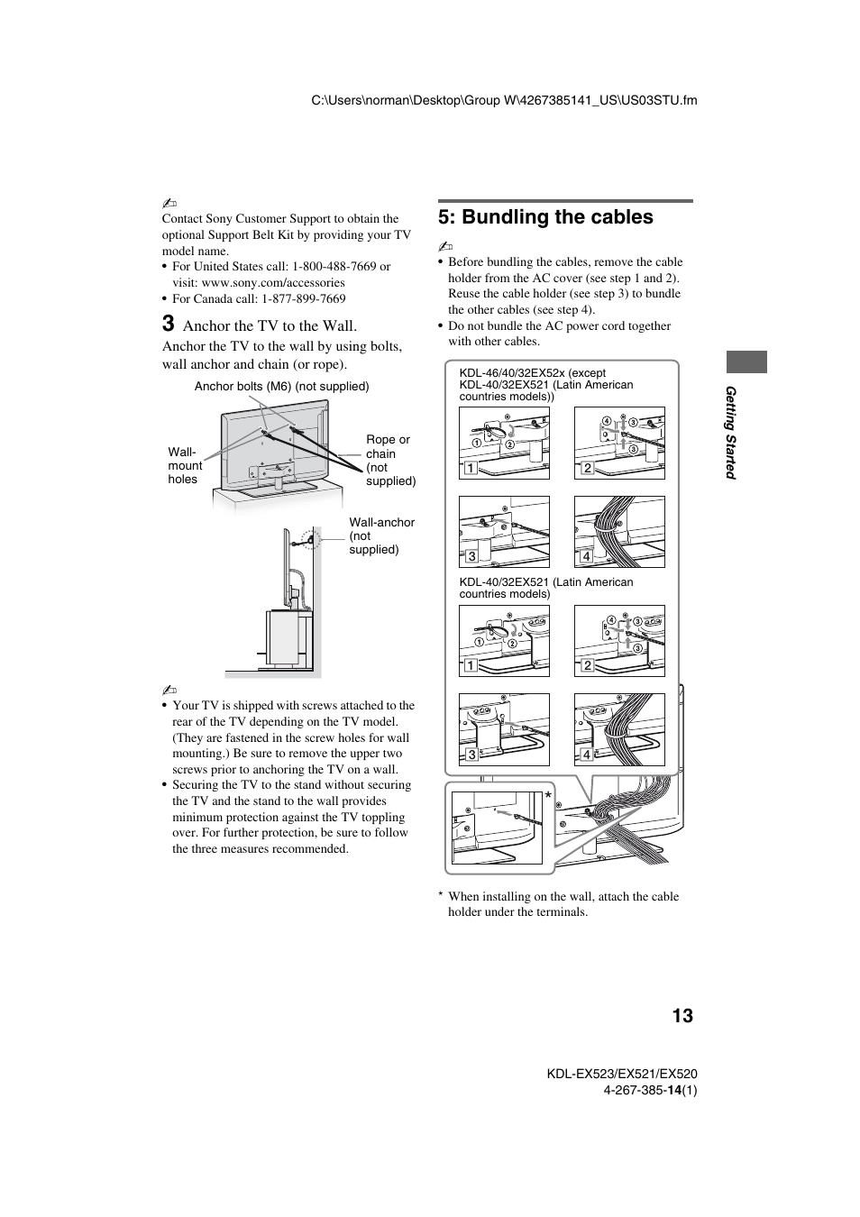 Bundling the cables | Sony KDL-32EX523 User Manual | Page 13 / 32