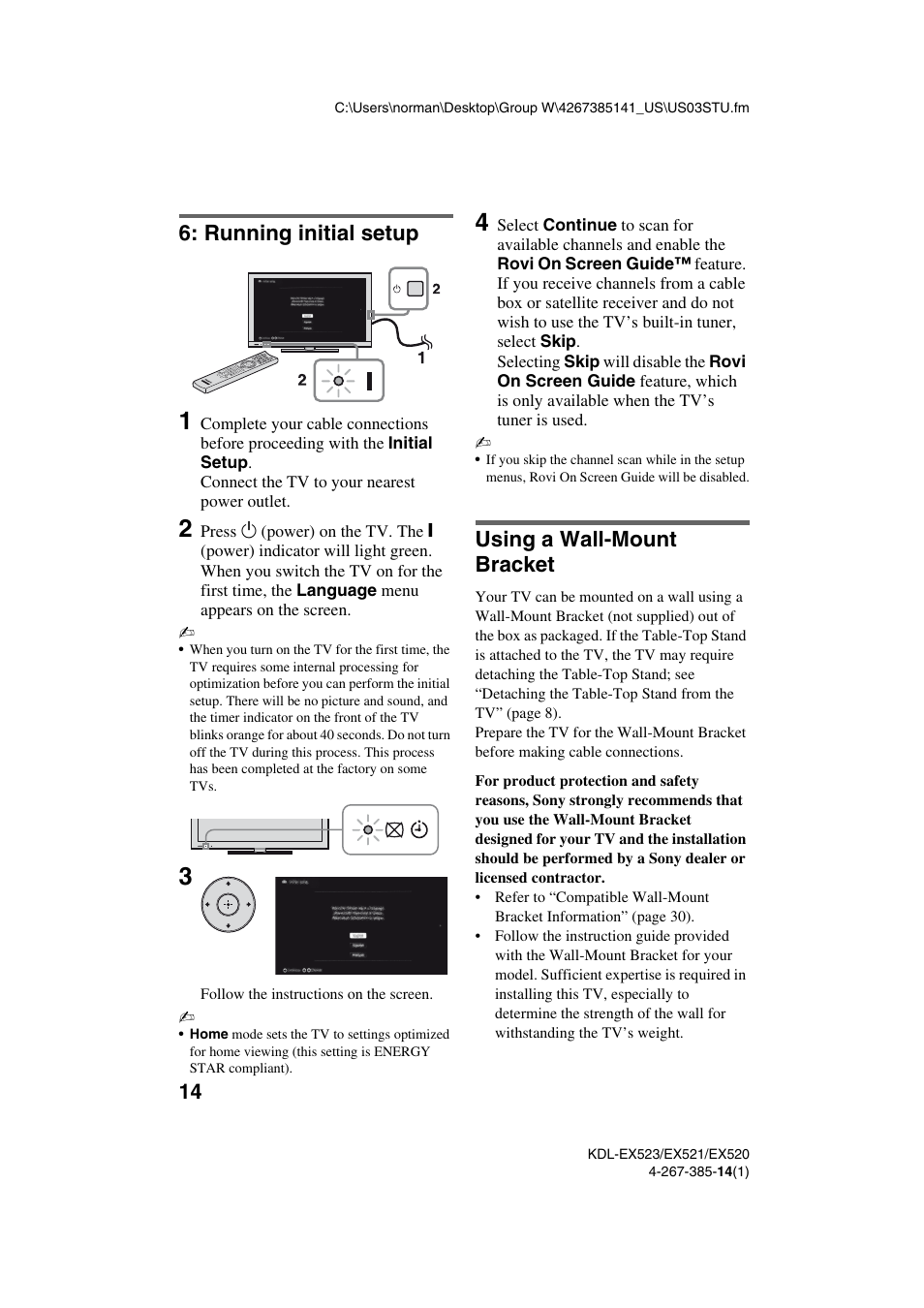 Running initial setup, Using a wall-mount bracket | Sony KDL-32EX523 User Manual | Page 14 / 32