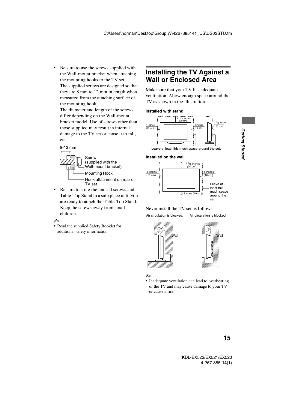 Installing the tv against a wall or enclosed area, Never install the tv set as follows | Sony KDL-32EX523 User Manual | Page 15 / 32