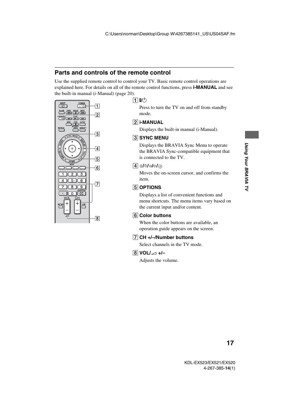Parts and controls of the remote control | Sony KDL-32EX523 User Manual | Page 17 / 32