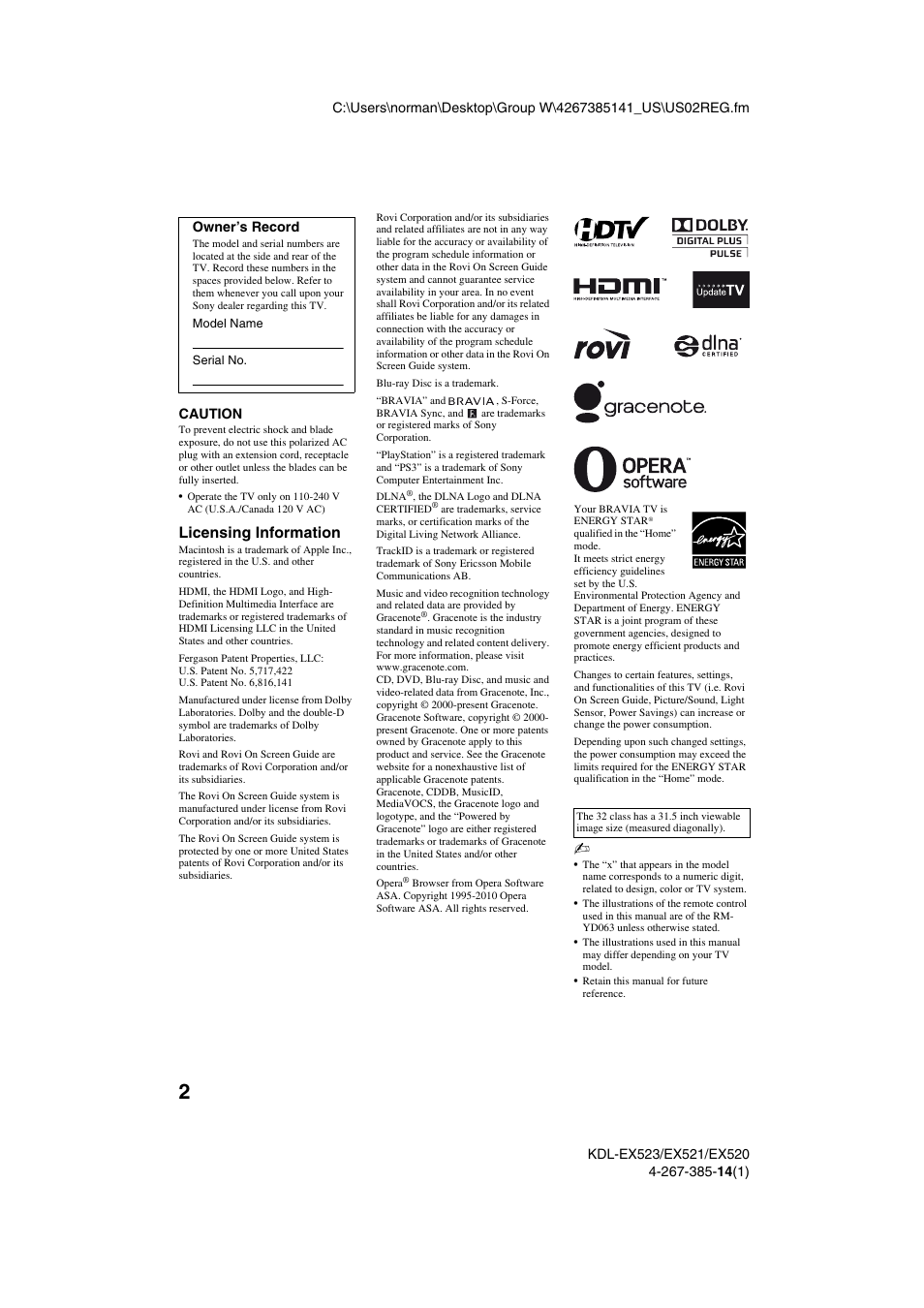 Licensing information | Sony KDL-32EX523 User Manual | Page 2 / 32