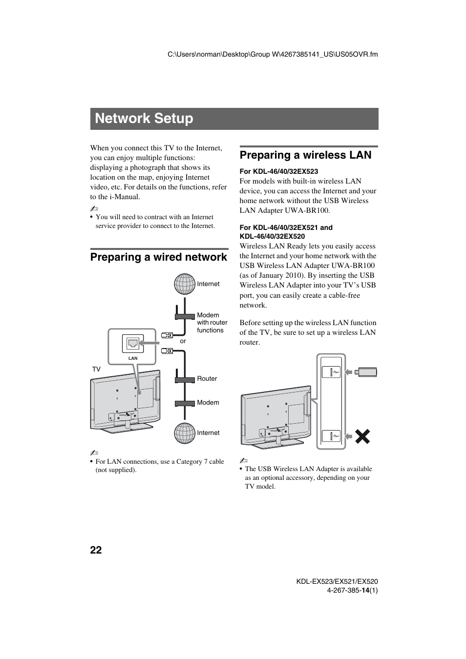 Network setup, Preparing a wired network, Preparing a wireless lan | Sony KDL-32EX523 User Manual | Page 22 / 32