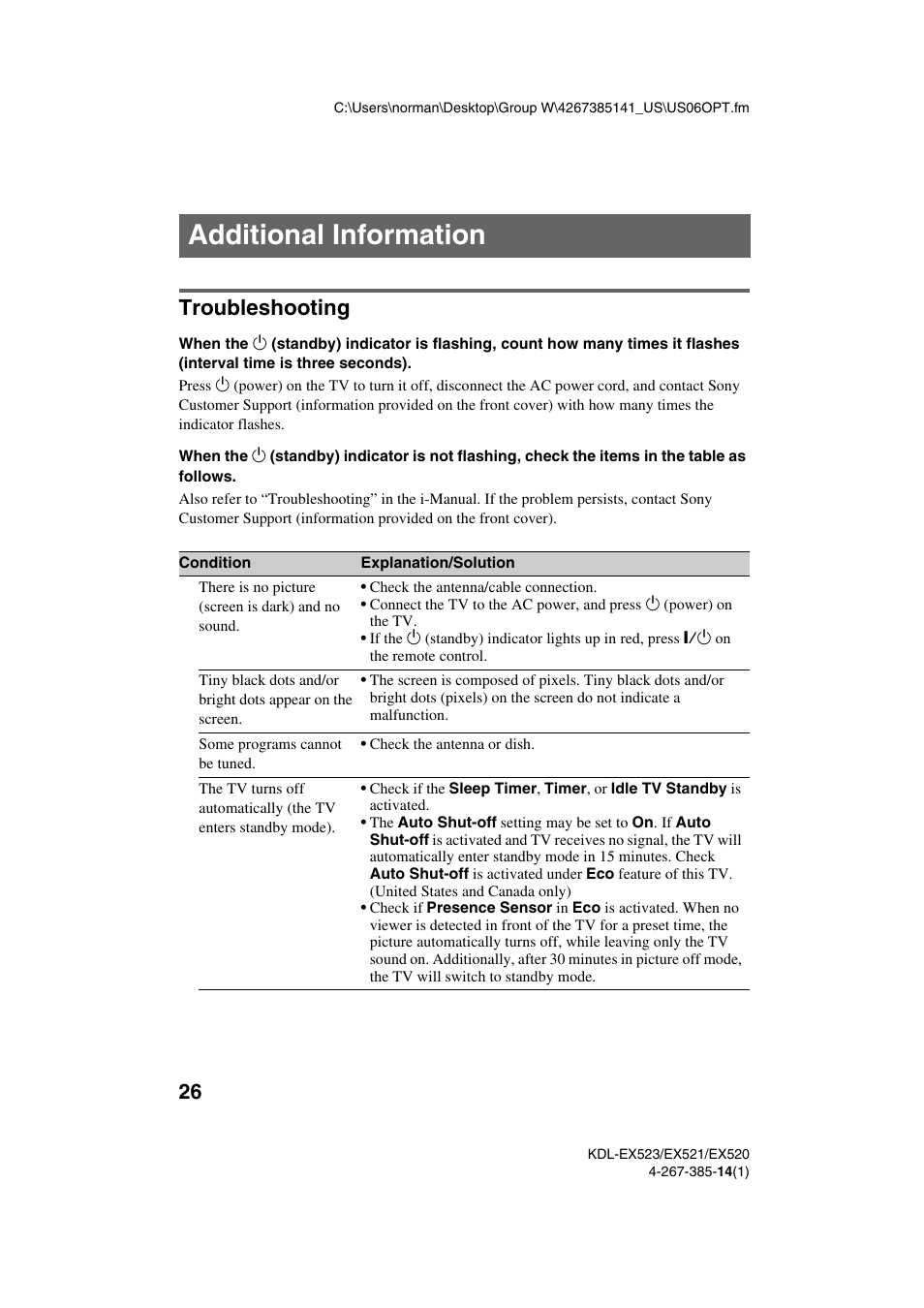 Additional information, Troubleshooting | Sony KDL-32EX523 User Manual | Page 26 / 32