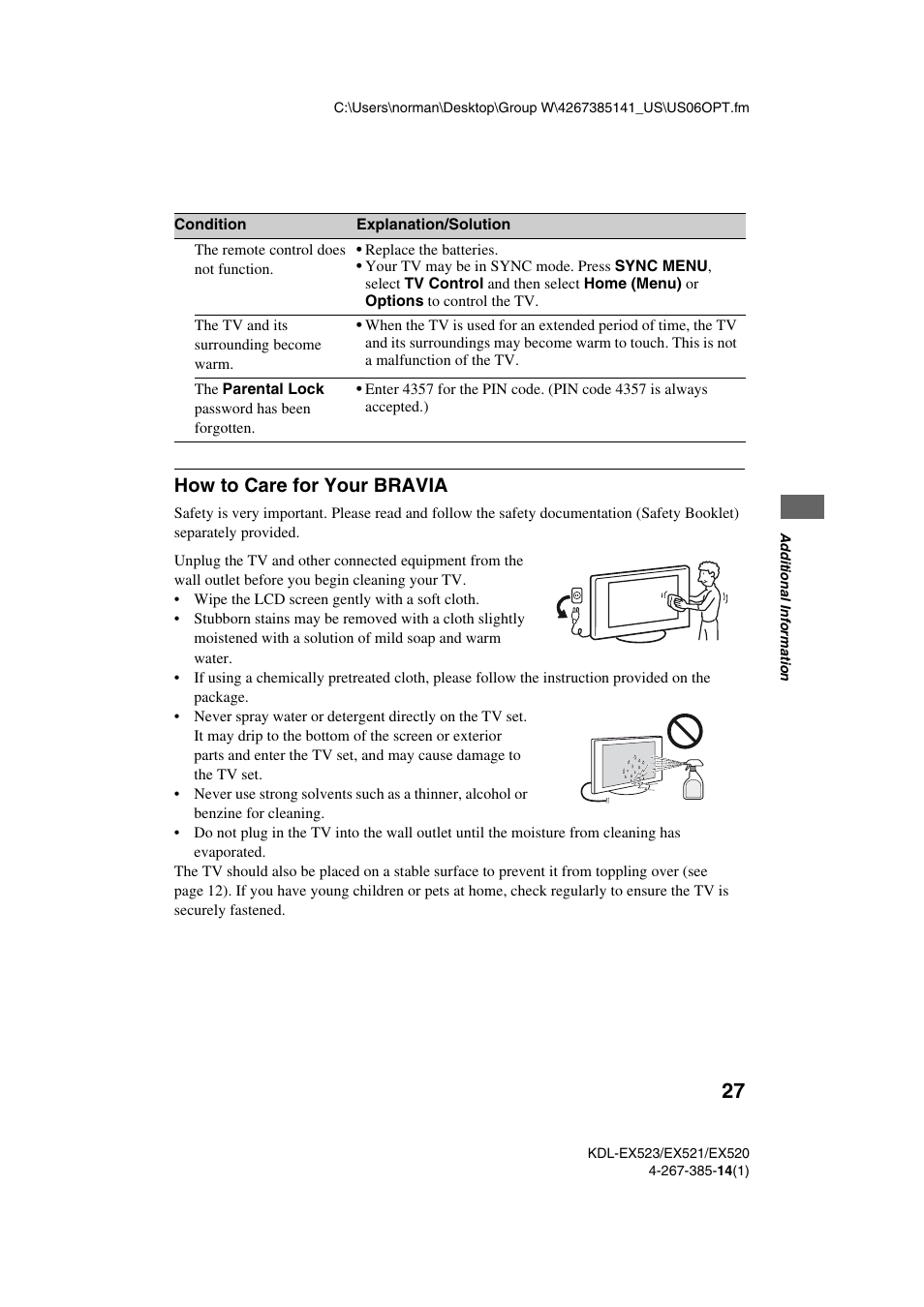 How to care for your bravia | Sony KDL-32EX523 User Manual | Page 27 / 32