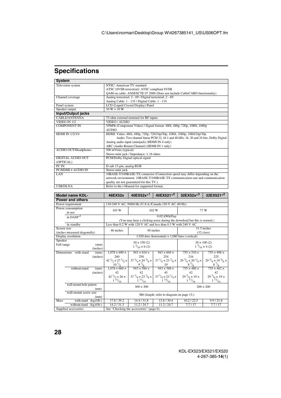 Specifications | Sony KDL-32EX523 User Manual | Page 28 / 32