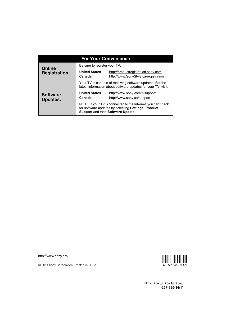 For your convenience online registration, Software updates | Sony KDL-32EX523 User Manual | Page 32 / 32