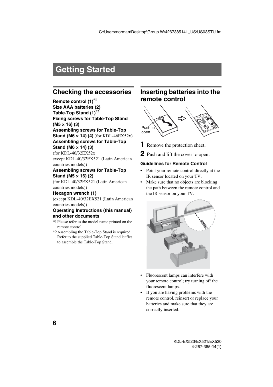 Getting started, Checking the accessories, Inserting batteries into the remote control | Sony KDL-32EX523 User Manual | Page 6 / 32