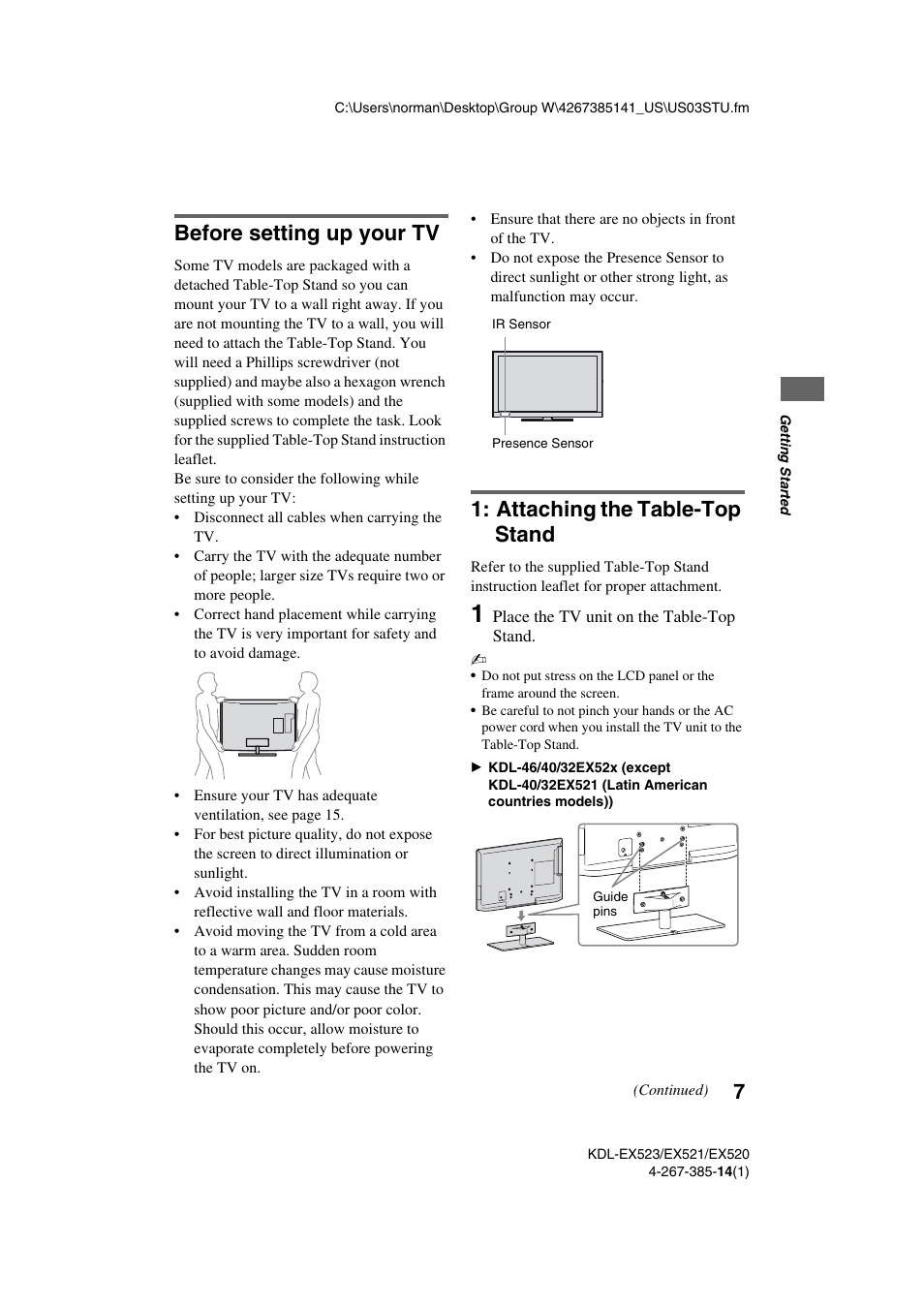 Before setting up your tv, Attaching the table-top stand | Sony KDL-32EX523 User Manual | Page 7 / 32