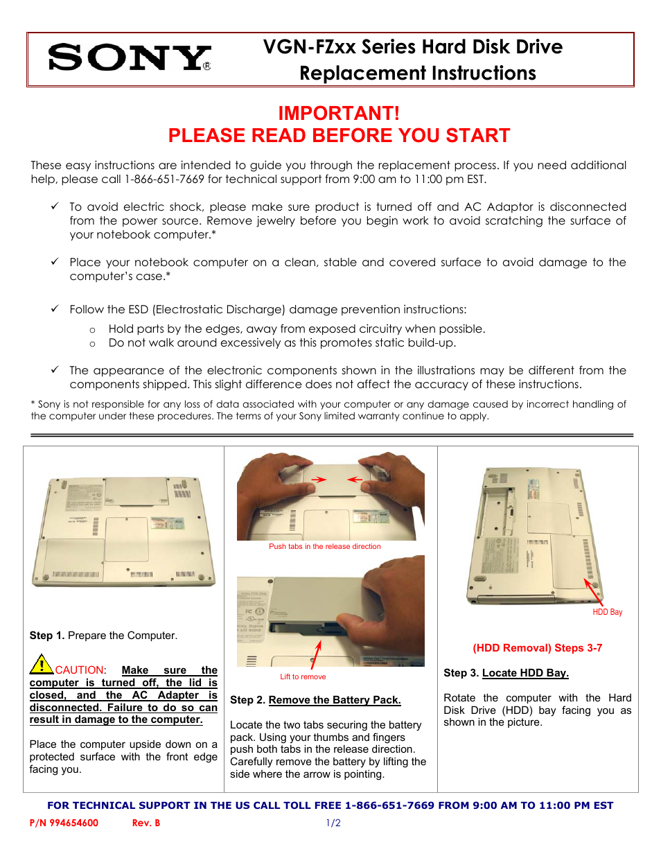 Sony VGN-FZxx Series Hard Disk Drive (Replacement Instructions) User Manual | 2 pages