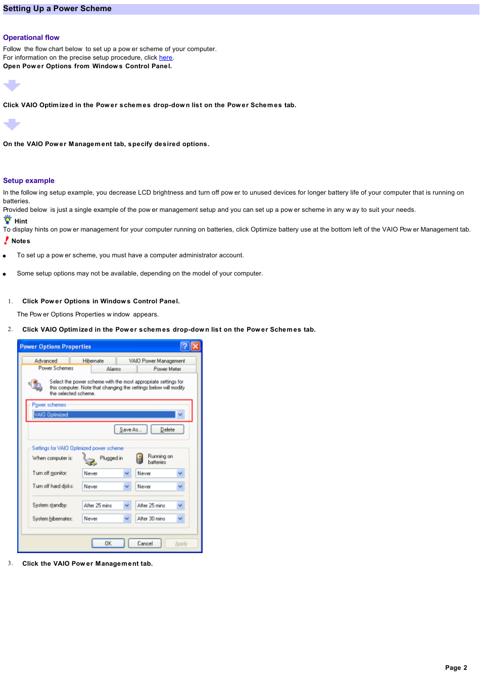 Power scheme setup, Setting up a power scheme | Sony VGN-T360P User Manual | Page 2 / 12