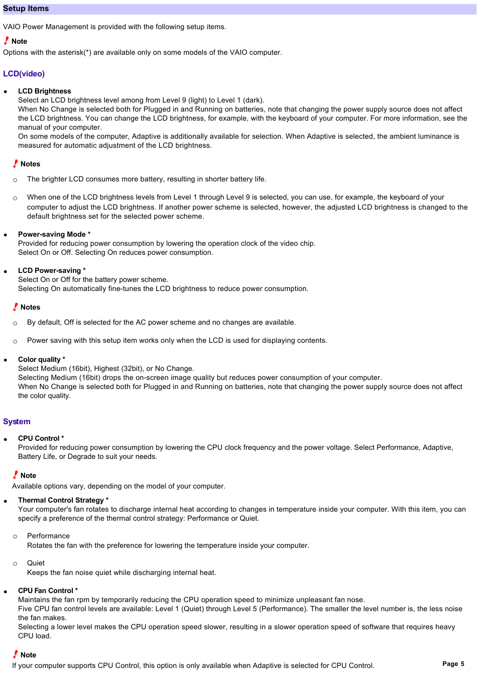 Setup items | Sony VGN-T360P User Manual | Page 5 / 12