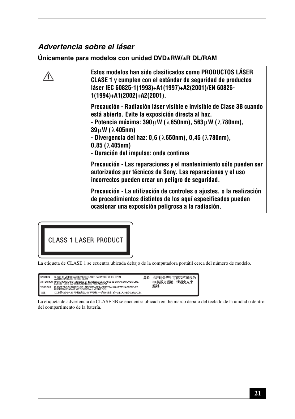 Advertencia sobre el láser | Sony VGNZ890H User Manual | Page 21 / 32