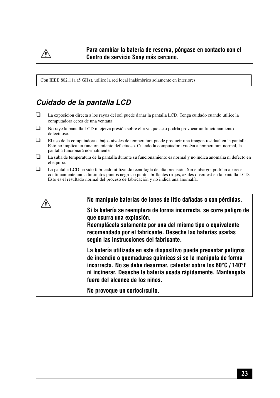 Cuidado de la pantalla lcd | Sony VGNZ890H User Manual | Page 23 / 32