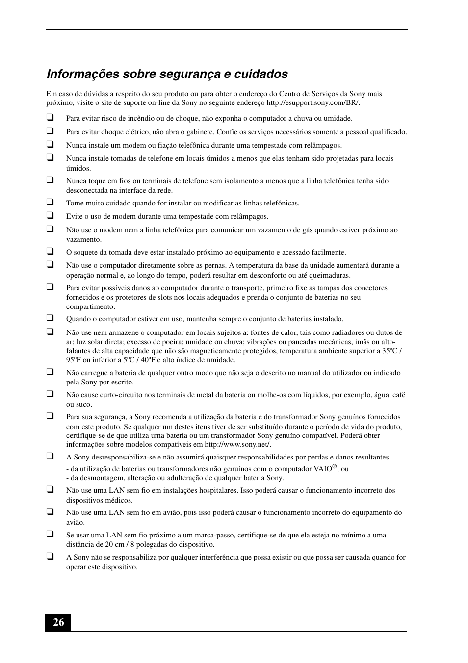 Informações sobre segurança e cuidados | Sony VGNZ890H User Manual | Page 26 / 32