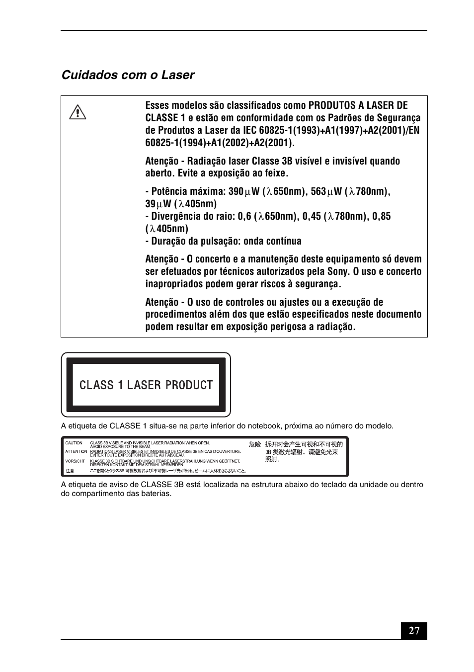 Cuidados com o laser | Sony VGNZ890H User Manual | Page 27 / 32