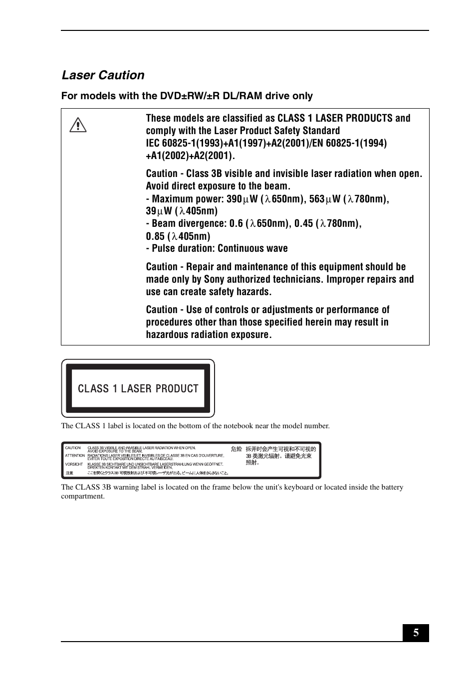 Laser caution | Sony VGNZ890H User Manual | Page 5 / 32