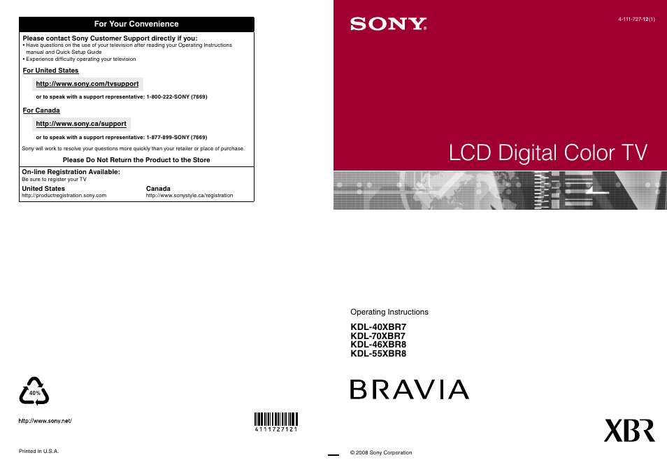 Sony KDL-40XBR7 User Manual | 63 pages