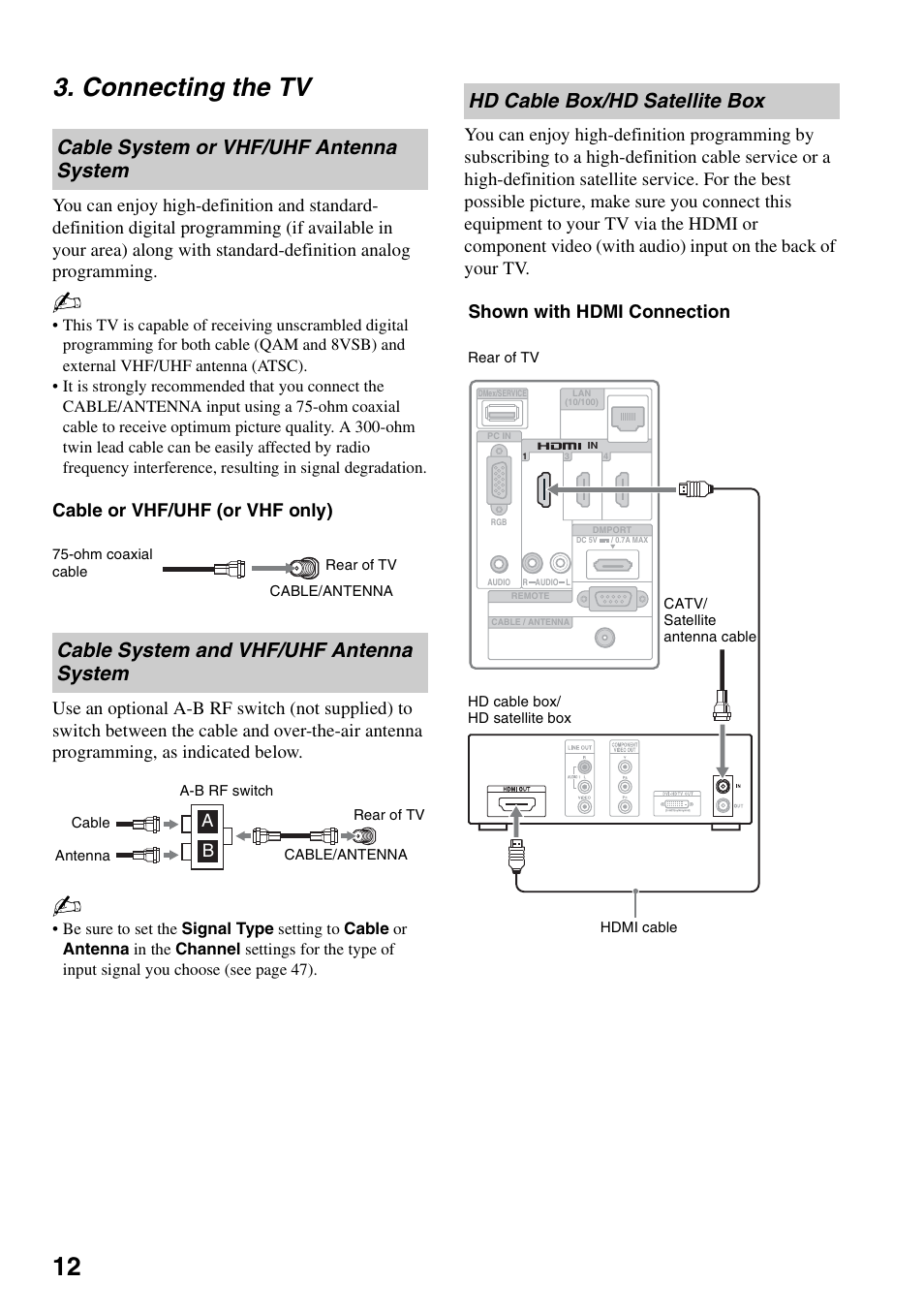 Connecting the tv, Cable system or vhf/uhf antenna system, Cable system and vhf/uhf antenna system | Hd cable box/hd satellite box, Cable system or vhf/uhf antenna, System, Cable system and vhf/uhf antenna, 12 3. connecting the tv, Shown with hdmi connection | Sony KDL-40XBR7 User Manual | Page 12 / 63