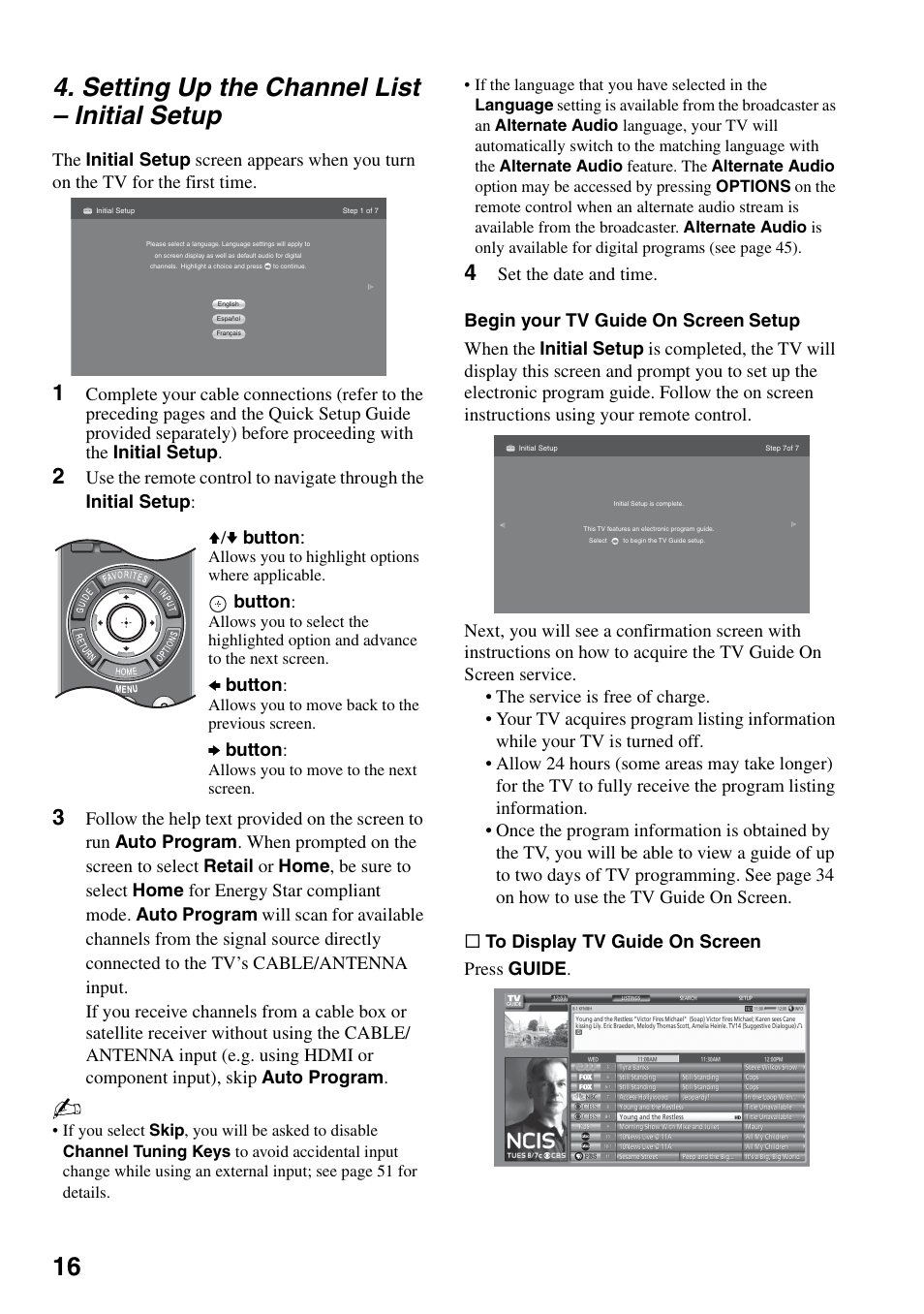 Setting up the channel list - initial setup, Setting up the channel list, Initial setup | 16 4. setting up the channel list – initial setup, Button, B button | Sony KDL-40XBR7 User Manual | Page 16 / 63