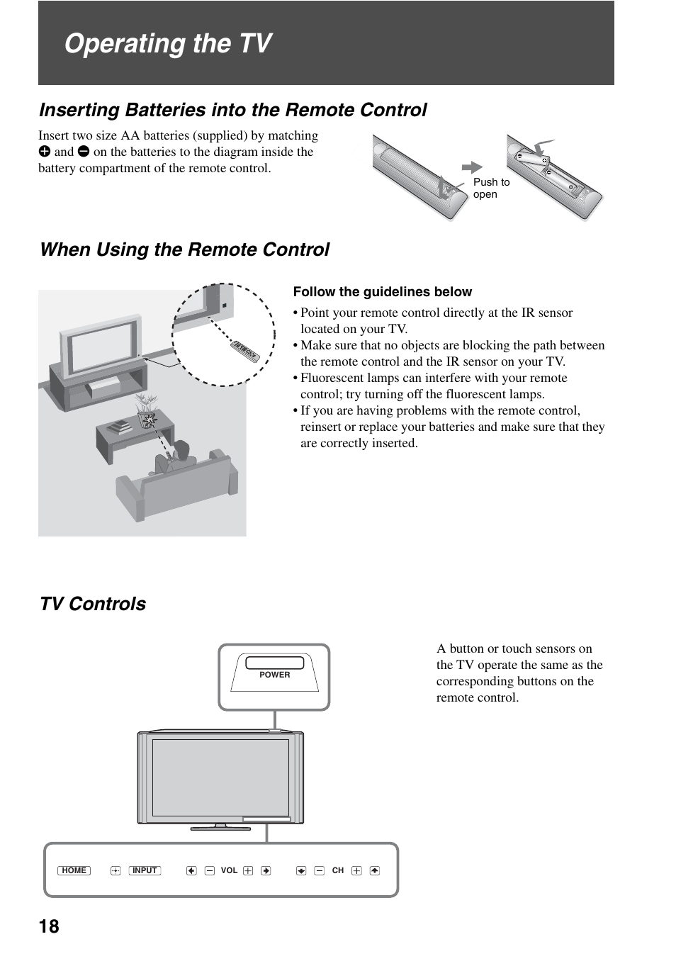 Operating the tv, Inserting batteries into the remote control, When using the remote control | Tv controls, When using the remote control tv controls | Sony KDL-40XBR7 User Manual | Page 18 / 63
