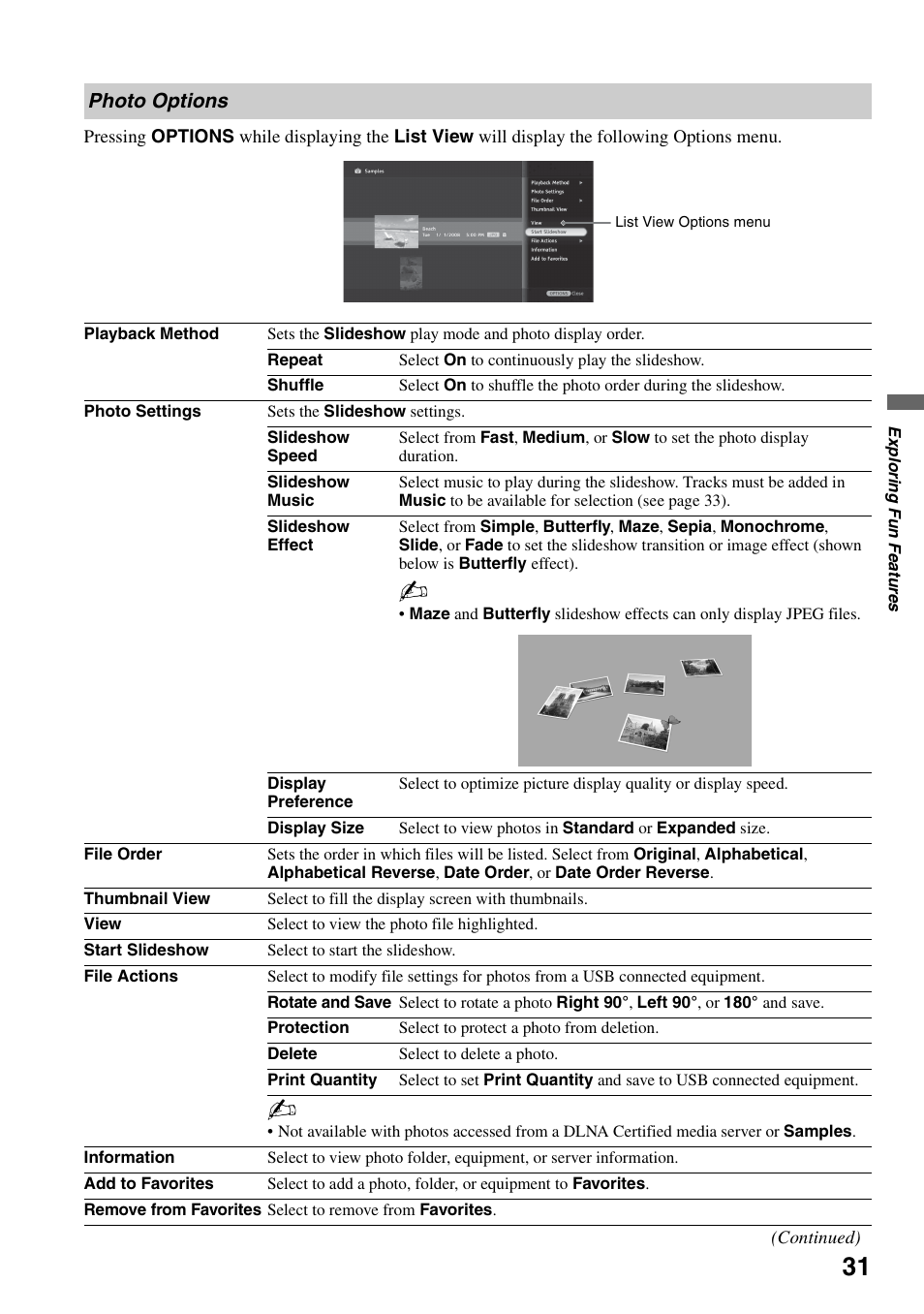 Photo options | Sony KDL-40XBR7 User Manual | Page 31 / 63