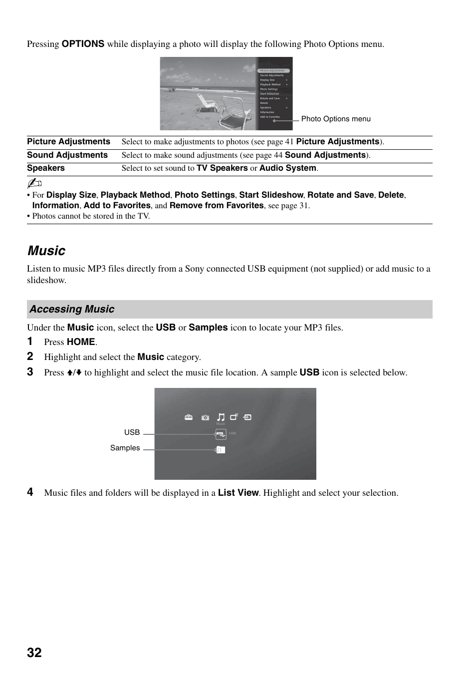 Music, Accessing music | Sony KDL-40XBR7 User Manual | Page 32 / 63