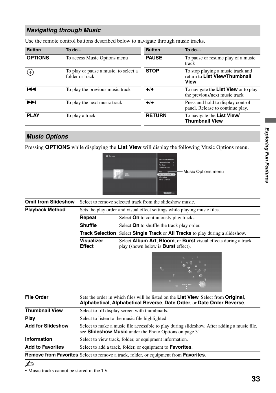 Navigating through music, Music options, Navigating through music music options | Sony KDL-40XBR7 User Manual | Page 33 / 63