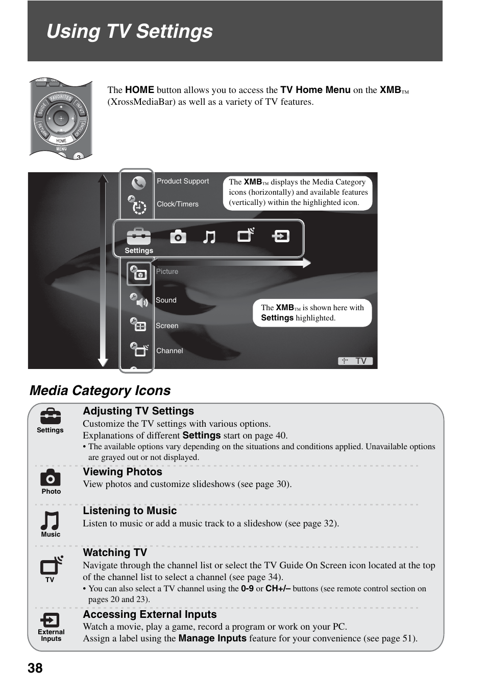 Using tv settings, Media category icons, D 38) | And 38 | Sony KDL-40XBR7 User Manual | Page 38 / 63