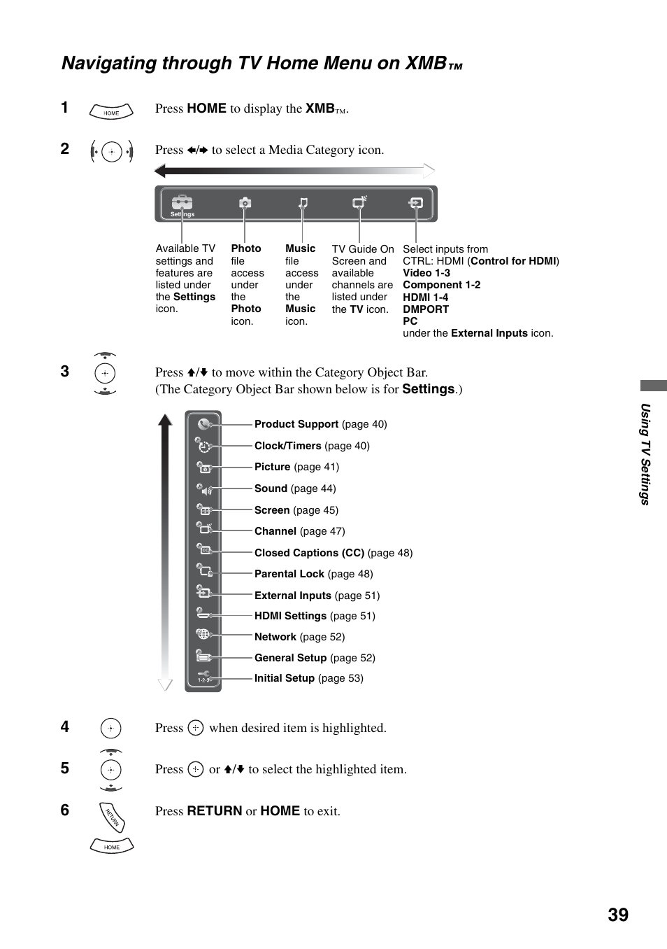 Navigating through tv home menu on xmb, Navigating through tv home menu, On xmb | Sony KDL-40XBR7 User Manual | Page 39 / 63