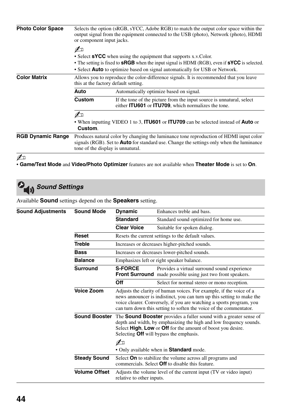 Sound settings | Sony KDL-40XBR7 User Manual | Page 44 / 63