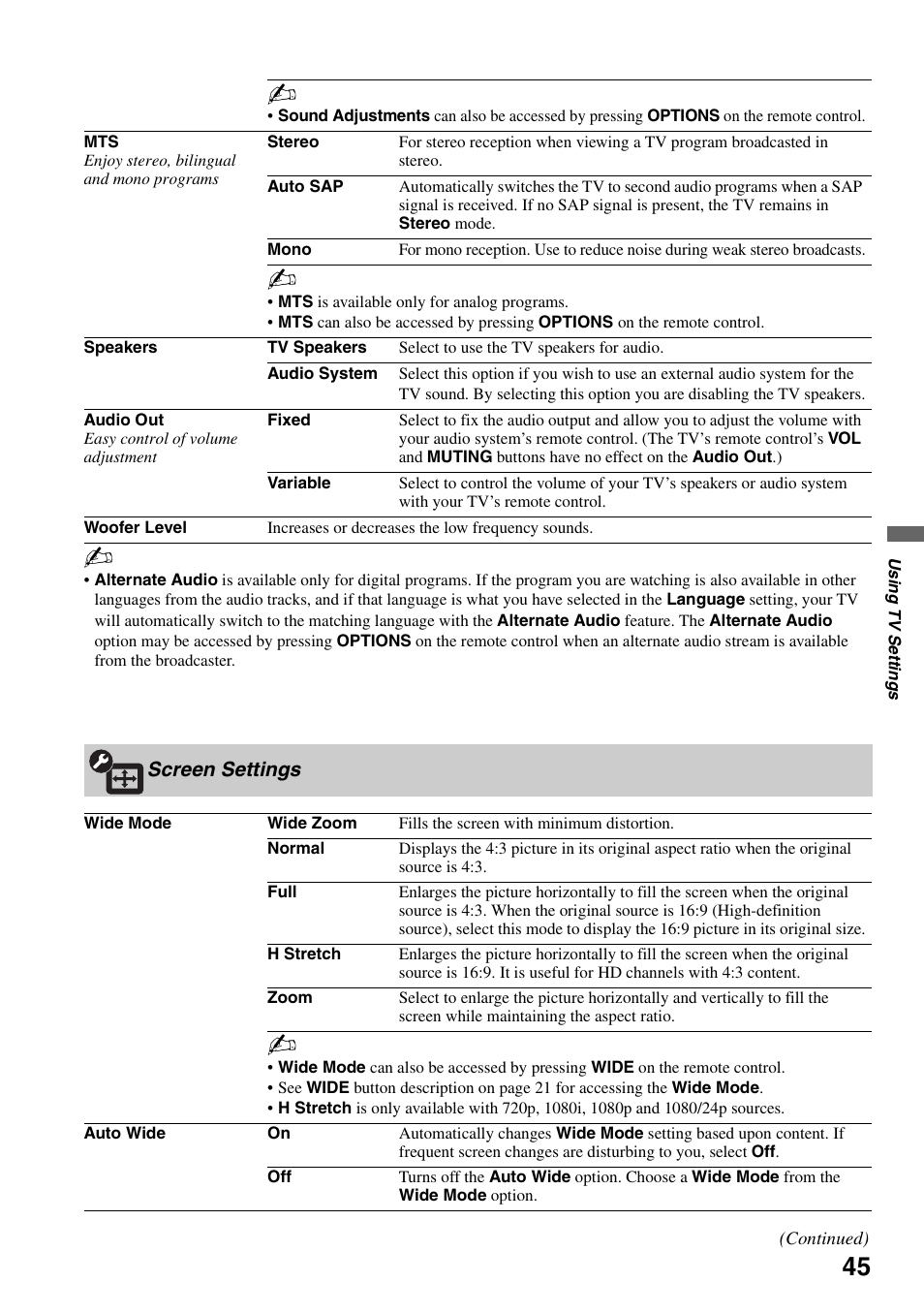 Screen settings | Sony KDL-40XBR7 User Manual | Page 45 / 63