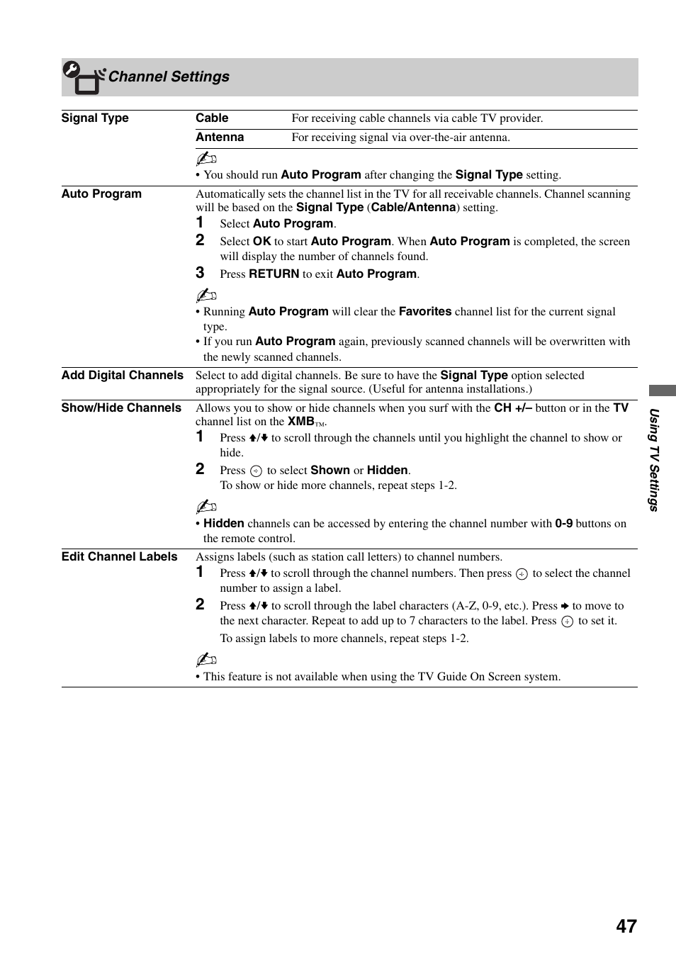 Channel settings | Sony KDL-40XBR7 User Manual | Page 47 / 63