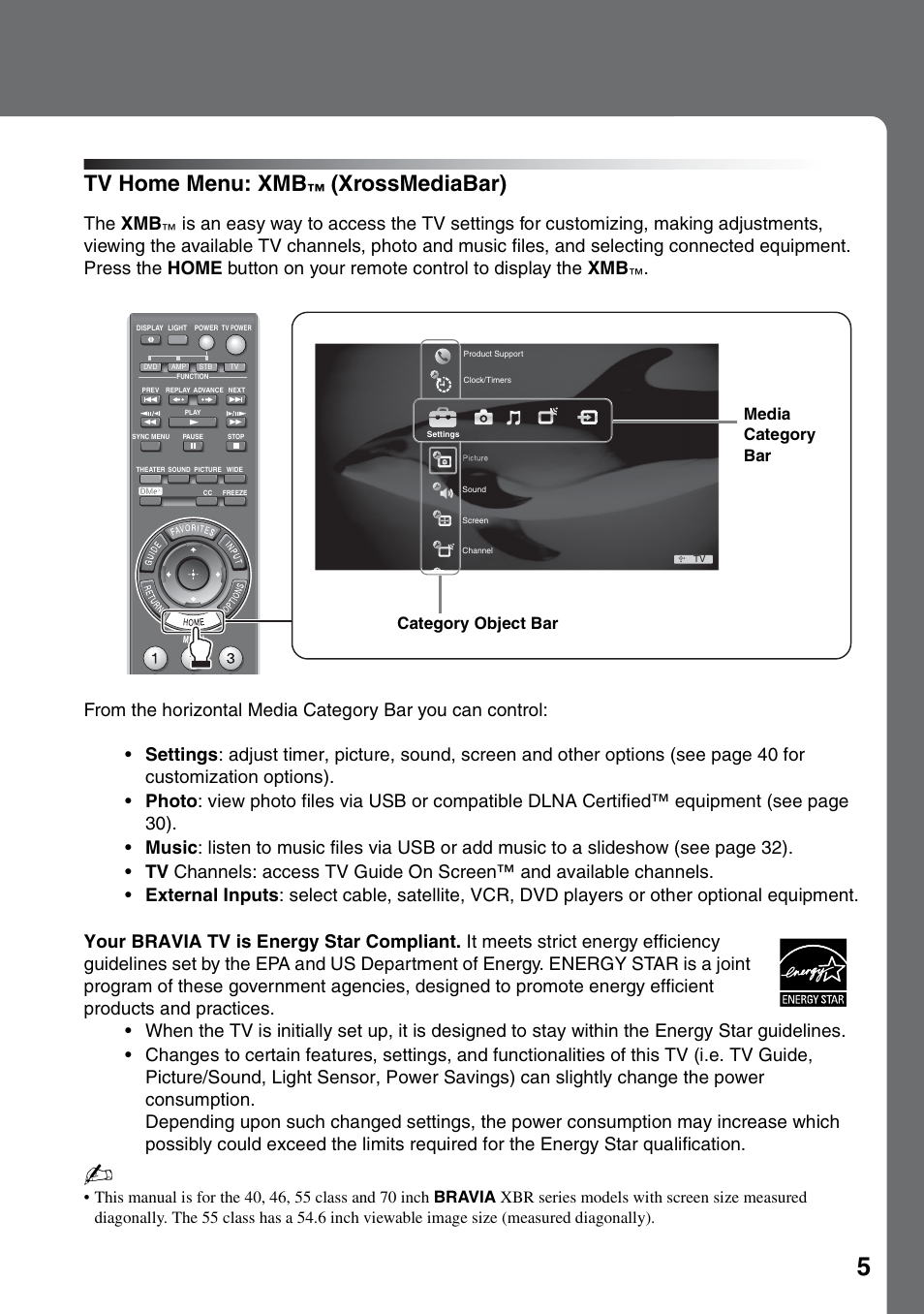 Tv home menu: xmb, Xrossmediabar), The xmb | Category object bar media category bar | Sony KDL-40XBR7 User Manual | Page 5 / 63