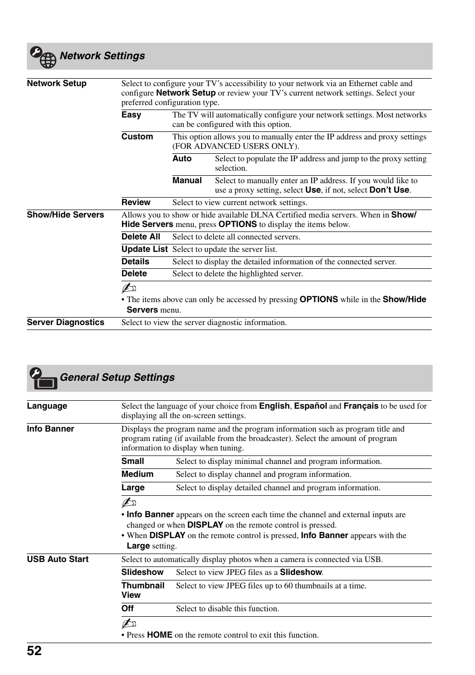 Network settings, General setup settings, Network settings general setup settings | Sony KDL-40XBR7 User Manual | Page 52 / 63