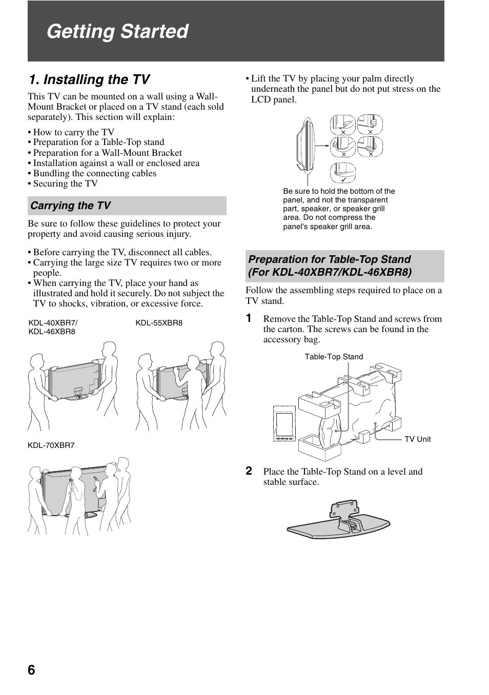 Getting started, Installing the tv, Carrying the tv | Carrying the tv preparation for table-top stand | Sony KDL-40XBR7 User Manual | Page 6 / 63