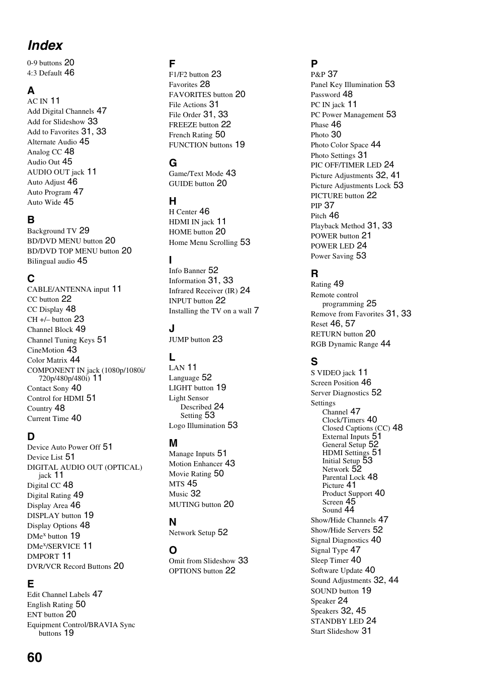 Index, 60 index | Sony KDL-40XBR7 User Manual | Page 60 / 63