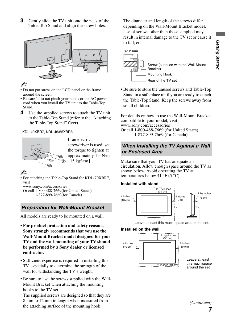 Preparation for wall-mount bracket, Enclosed area | Sony KDL-40XBR7 User Manual | Page 7 / 63