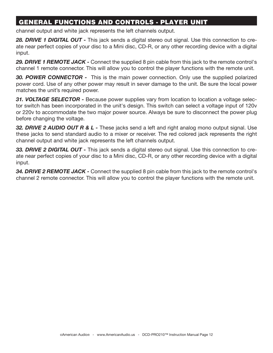 General functions and controls - player unit | American Audio DCD-PRO210 User Manual | Page 12 / 22