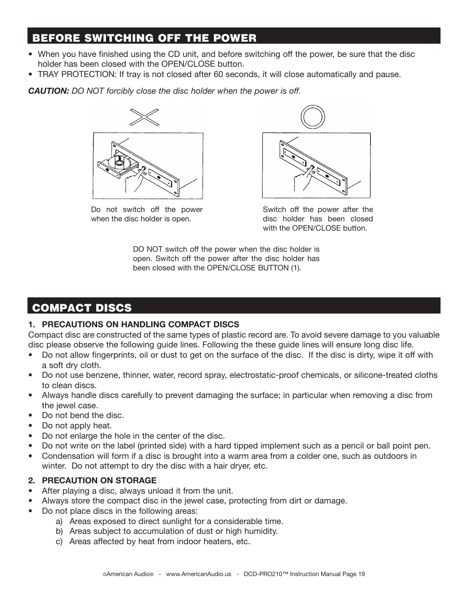Compact discs, Before switching off the power | American Audio DCD-PRO210 User Manual | Page 19 / 22