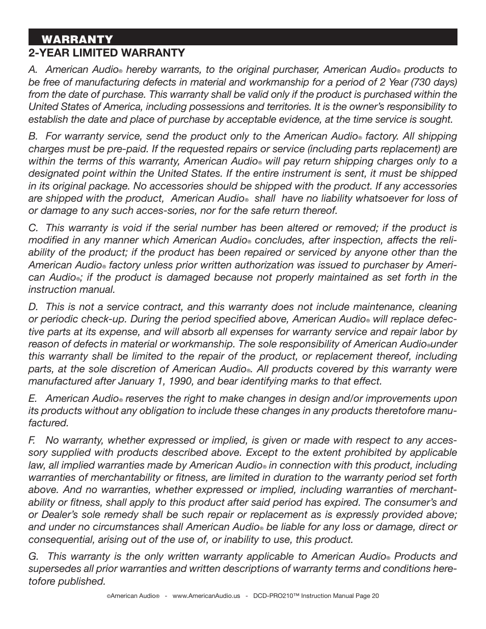 Year limited warranty, Warranty, A. american audio | American Audio DCD-PRO210 User Manual | Page 20 / 22