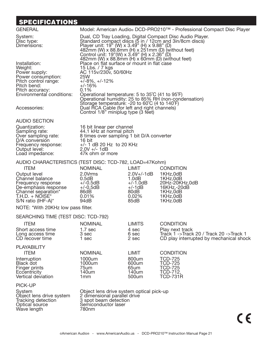 Specifications | American Audio DCD-PRO210 User Manual | Page 21 / 22
